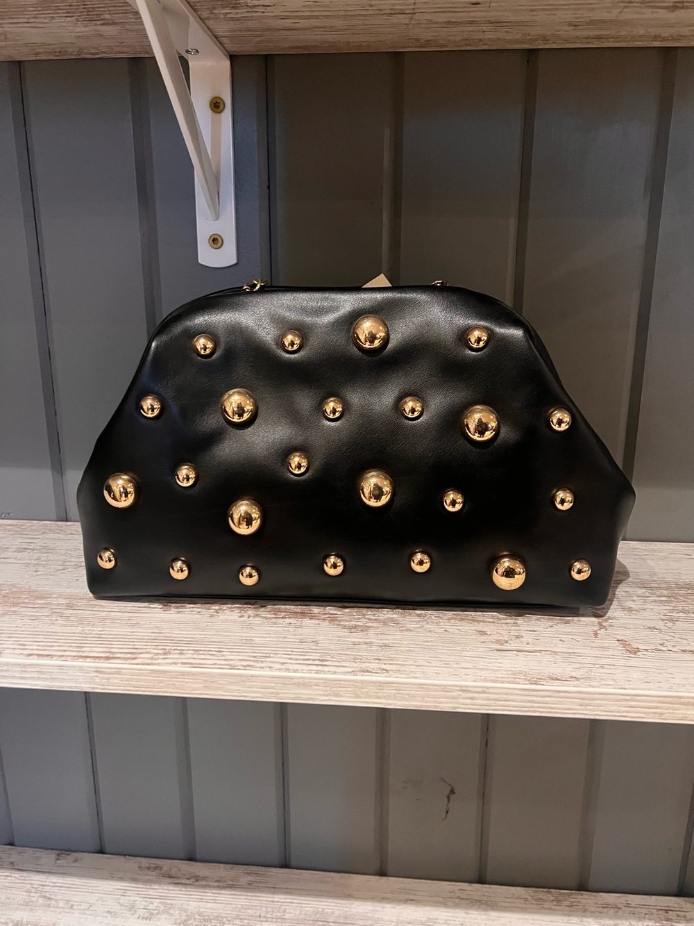 Black Studded Dome Clutch with Gold Accents